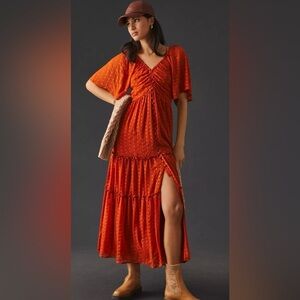 NWT Anthropologie Ruched Tiered Dress Terra Cotta Size XS